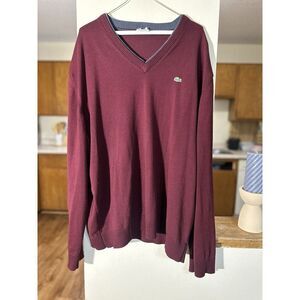 Lacoste Sweater Mens‎ XL (7) Burgundy V-Neck Pullover 100% Cotton *